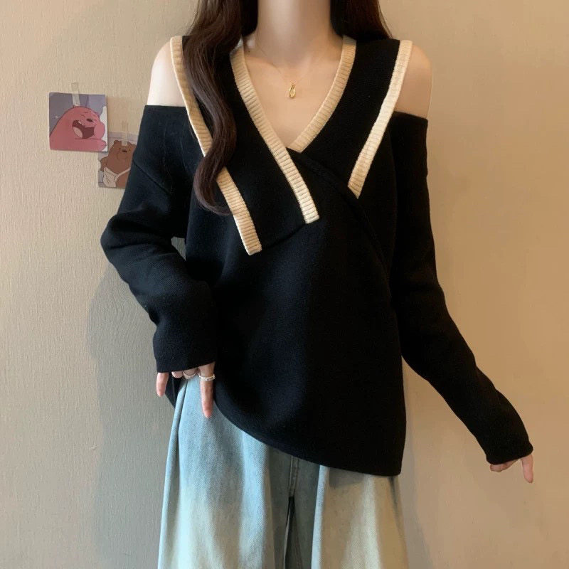 设计感小众V领露肩套头毛衣女秋毛针织衫