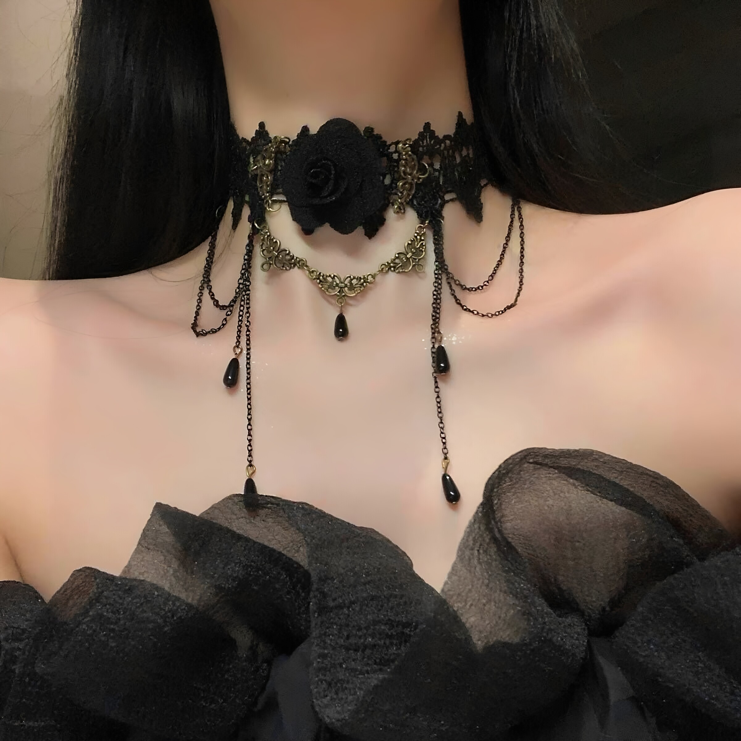 黑色蕾丝玫瑰流苏项圈choker