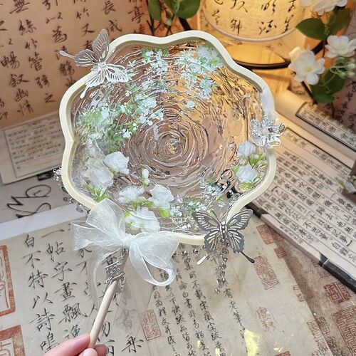 古风透明蝴蝶水波纹手工团扇