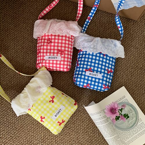 蝴蝶结格子手机包女ins风花边斜挎包便携小挎包口红包拍照道具