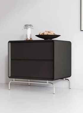 【全实木】床头柜黑色意式极简风简约现代床边柜卧室床头柜储物柜