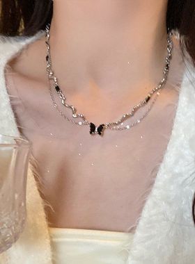 暗黑辣妹~风双层黑色蝴蝶项链女ins锁骨链女高级小众设计感配饰潮