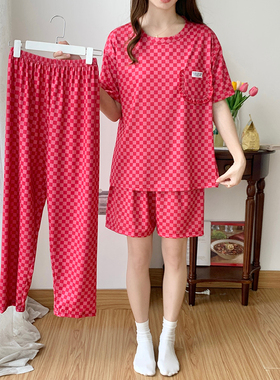 带胸垫家居服夏款三件套睡衣女短袖短裤长裤纯棉女士红色格子套装