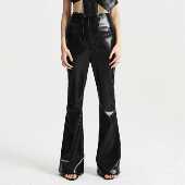 于文文BY2同款 鱼骨蛋白皮裤 女外穿冬高腰微喇裤 LinyiLi 黑色裤 子