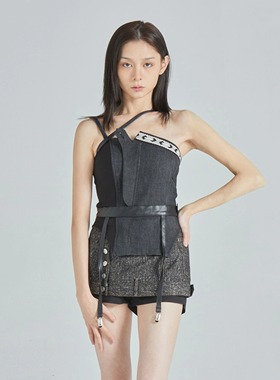 【8折】Linyi Li辣妹假两件上衣女牛仔挂脖吊带背心黑色设计感