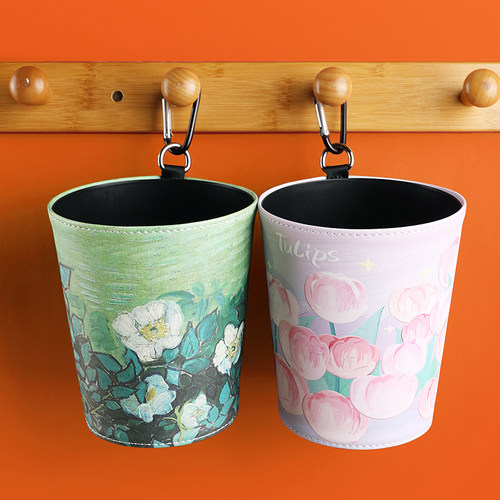 车载垃圾桶挂式皮革挂兜创意油画