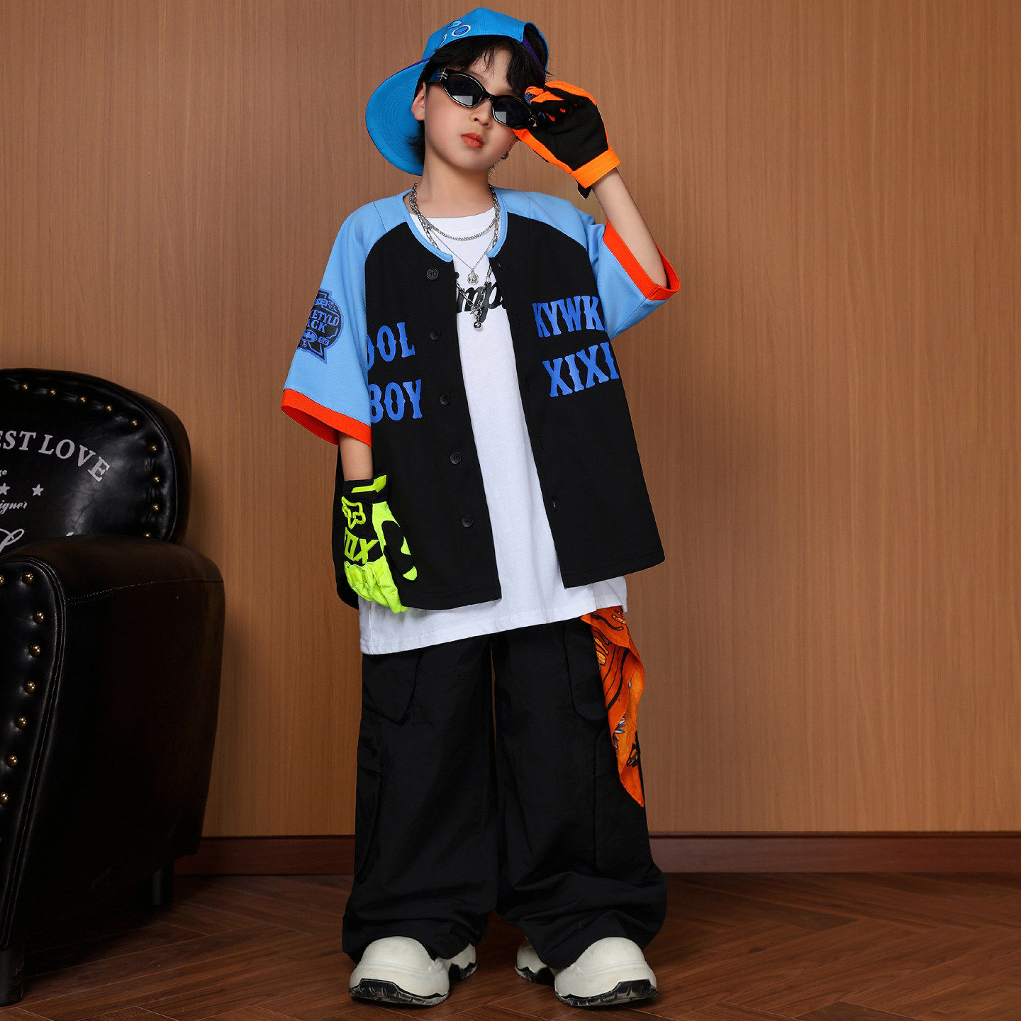 少儿美式嘻哈风街舞演出服儿童短袖棒球服男女童hiphop表演潮服夏