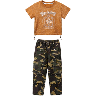 少儿爵士舞服装女童韩版练功服上衣迷彩工装裤子儿童jazz表演出服