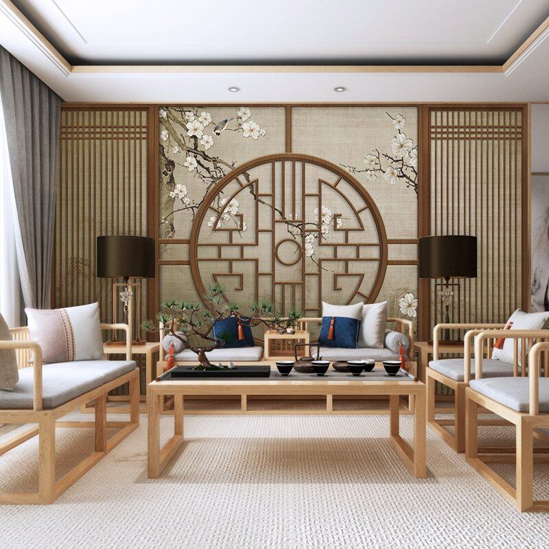 3d古典新中式屏风墙纸山水花鸟书房背景墙面装饰壁画茶室装修壁纸
