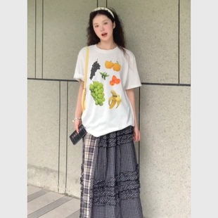 夏日绝美别致设计感上衣清新百搭趣味水果印花白色T恤女 2025爆款
