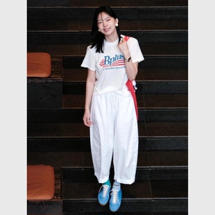 美式 2025夏季 青春百搭休闲风上衣圆领套头撞色字母印花T恤女