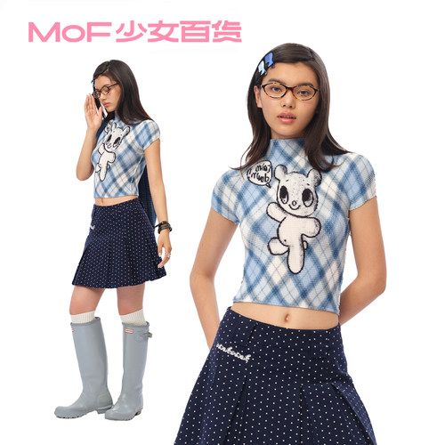 MOF少女百货 褶皱衫蓝格小熊高领无袖T恤童趣涂鸦短袖T恤女夏