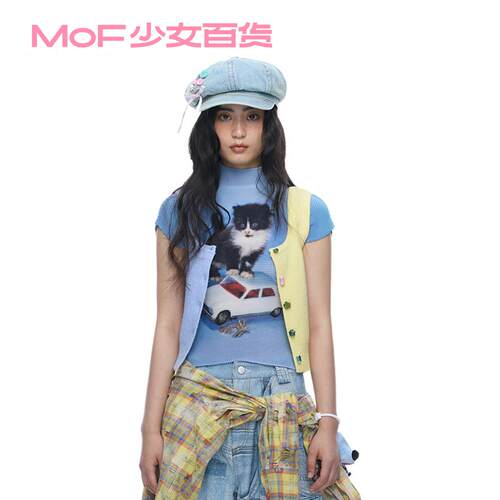 MOF少女百货 褶皱衫 奶牛猫与汽车褶皱衫T恤