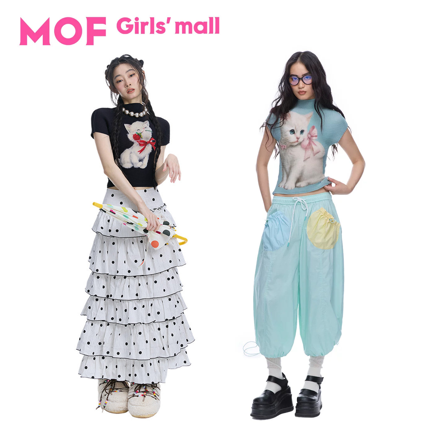 MOF少女百货 田曦薇同款涂鸦褶皱衫夏季童趣印花显瘦正肩短袖T恤 - 实物图