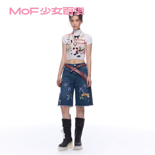 MOF少女百货 褶皱衫 夏日少女乐队猫猫印花褶皱衫多巴胺短袖T恤