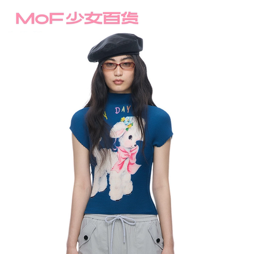 MOF少女百货 褶皱衫藏蓝色小羊褶皱上衣童趣涂鸦短袖T恤轻薄透气