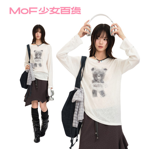 MOF少女百货 Tasha小熊系列白色罩衫轻薄度假风t恤宽松慵懒空调衫
