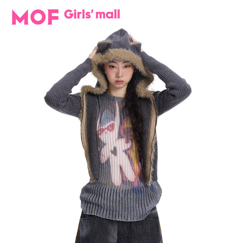 MOF少女百货  复古可爱猫耳朵拉链连帽开衫毛衣外套
