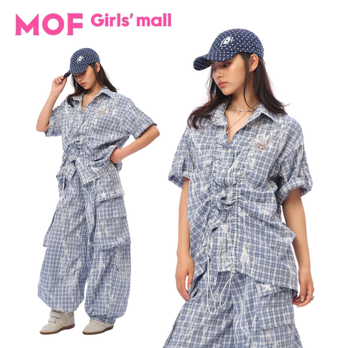 MOF少女百货 蓝白格夏季短袖衬衫工装休闲裤两件套设计感遛弯裤