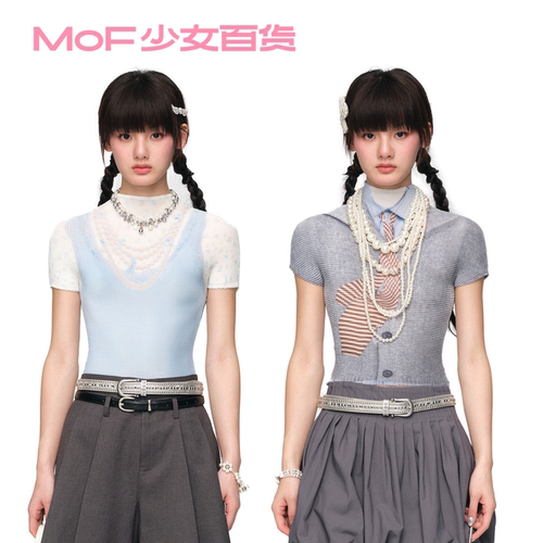 MOF少女百货假两件衬衫印花T恤