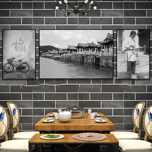 老潮汕古老建筑装饰画汕头特色牛肉火锅店包厢挂画黑白风景壁画