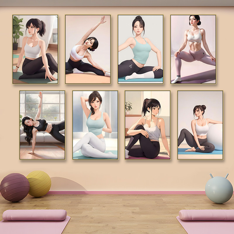 瑜伽室装饰画普拉提舞蹈室卡通女孩挂画健身房塑型瘦身马甲线壁画