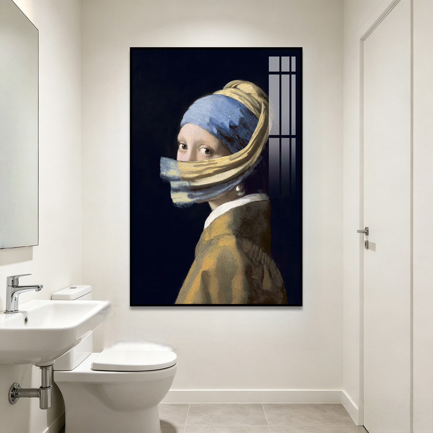 搞怪戴珍珠耳环的少女装饰画复古趣味名画卫生间浴室厕所防水挂画