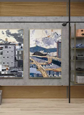 牛仔裤抽象挂画蓝色建筑牛仔布壁画服装工厂西装店衣帽间装饰画