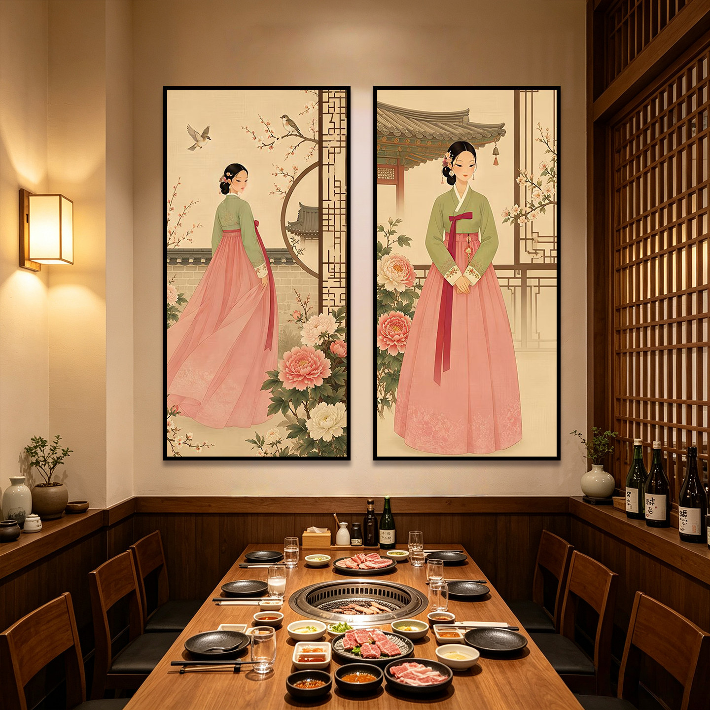 韩式韩服美人装饰画韩国料理店烤肉店挂画韩国美食壁画餐厅包厢画