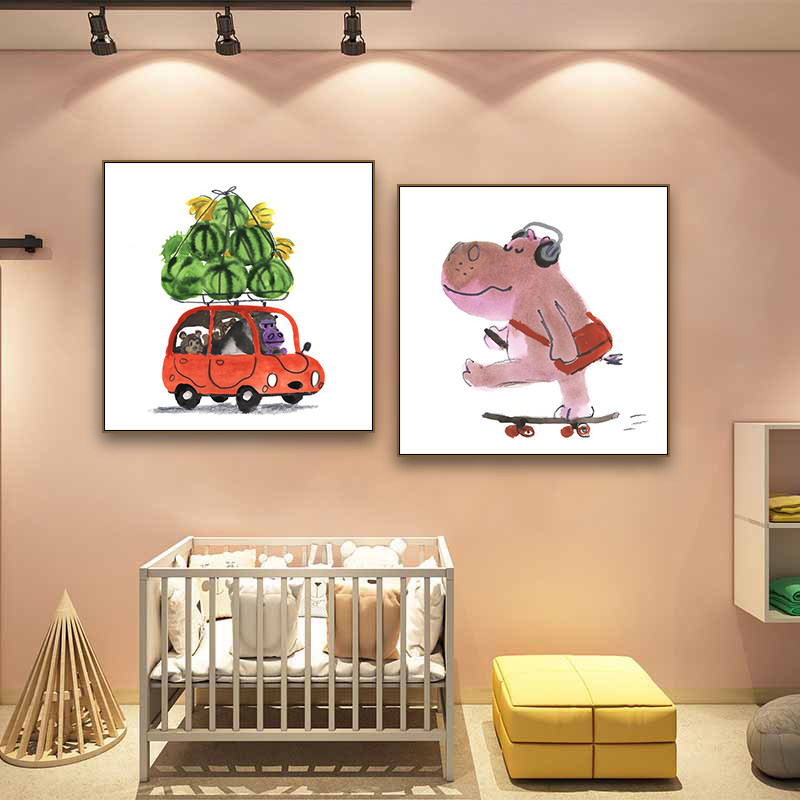 儿童房装饰画卧室床头卡通动物玩具车挂画幼儿园墙面可爱搞怪壁画