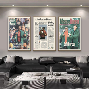 高尔夫球装饰画老虎伍兹夺冠美式复古报纸挂画客厅golf俱乐部壁画
