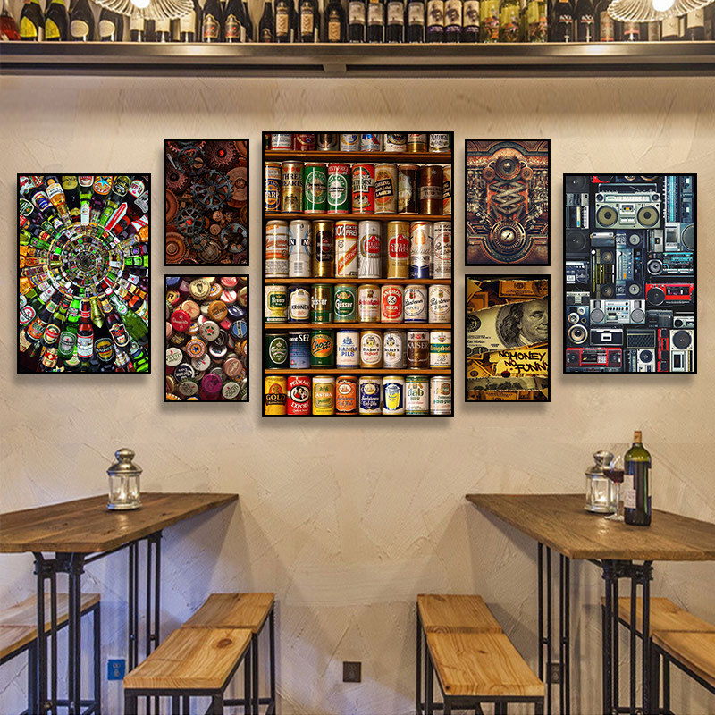 酒吧装饰画瓶盖啤酒樽铁牌齿轮易拉罐合集挂画烧烤店工业风壁画