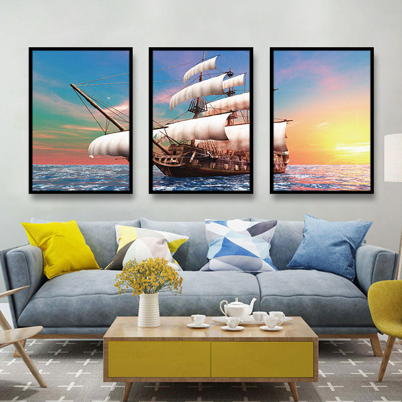 北欧风金色帆船三联画客厅沙发背景墙装饰画帆风顺办公室房挂画,家居饰品,现代装饰画,淘宝优惠券,粉丝福利购,淘宝优惠卷