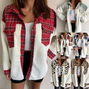 Warm Plush Jacket Cardigan Long Plaid Leopard Sleeve