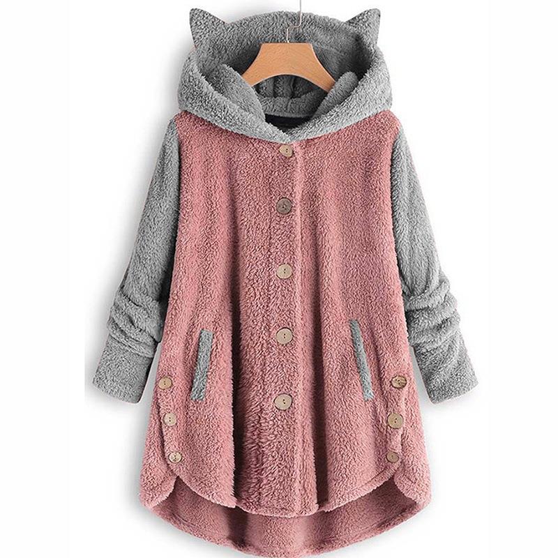 Jacket Sleeve Long Colorblock Womens Top Hooded Fleece Ear