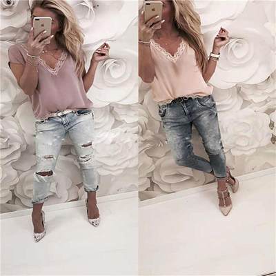 Solid color lace hem lace short sleeve top womens