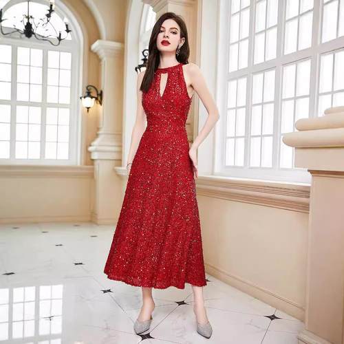 Sleeveless halter neck dress backless evening gown