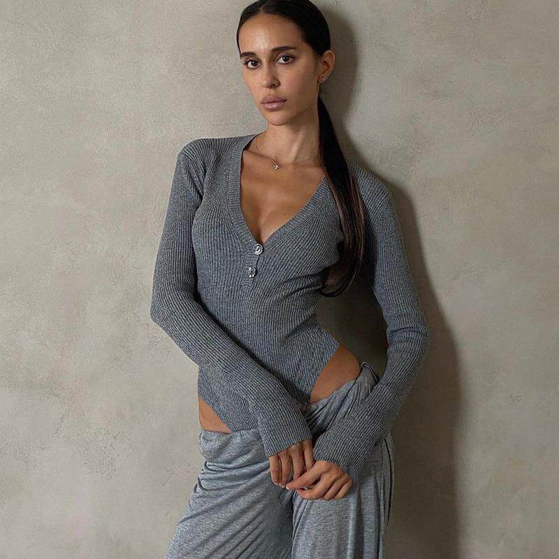 top long-sleeved one-piece cotton pure button V deep fit