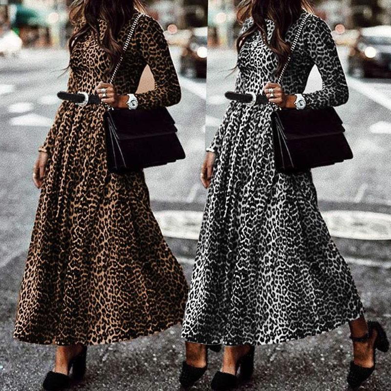 Plus Size Women Fashion Leopard Print Dress Round Neck Long