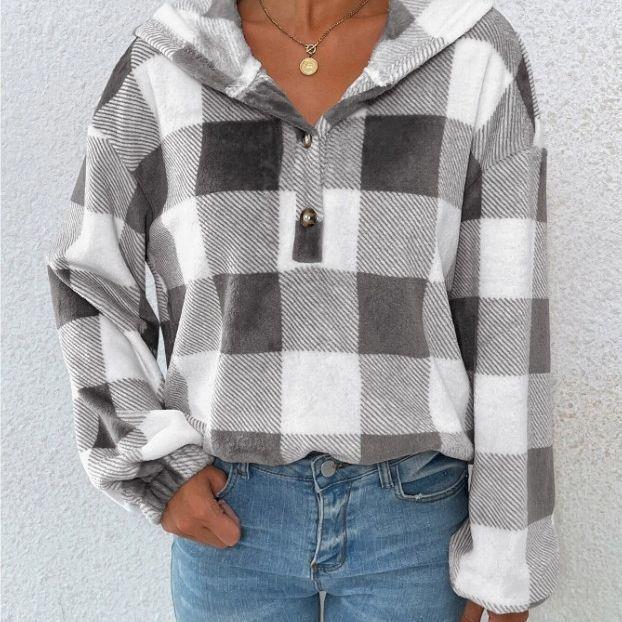 Womens plaid plush half-open buttoned hooded sweatshirt