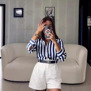 draped long striped women button shirt texture lapel