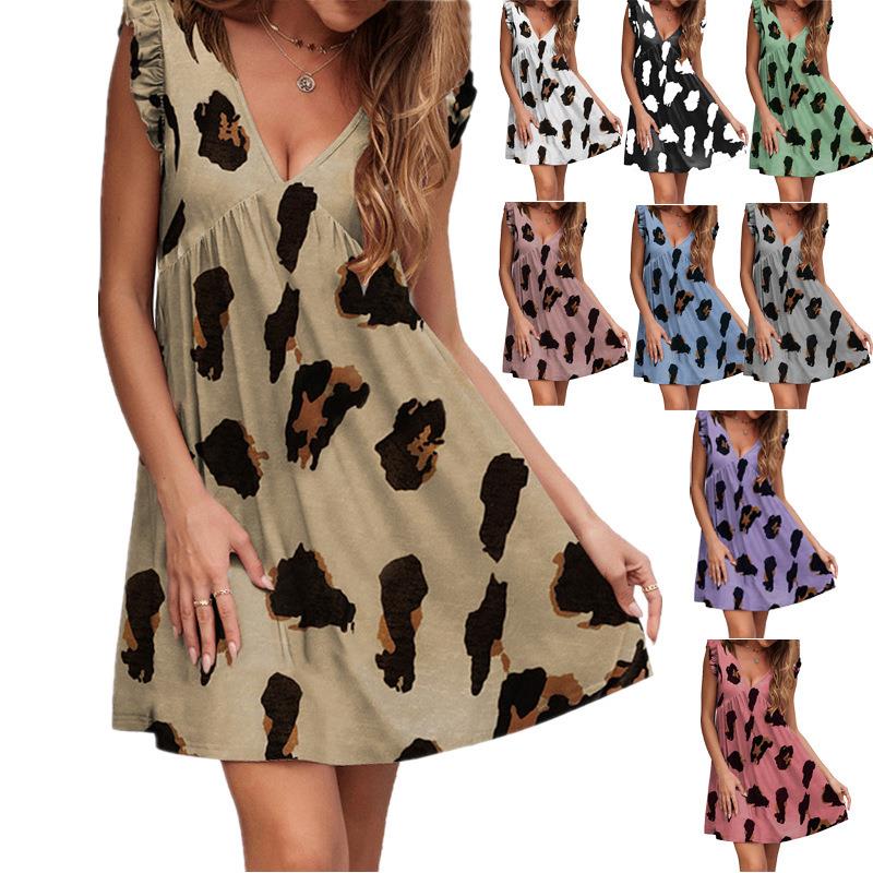 V-neck ruffled short-sleeved leopard print dress