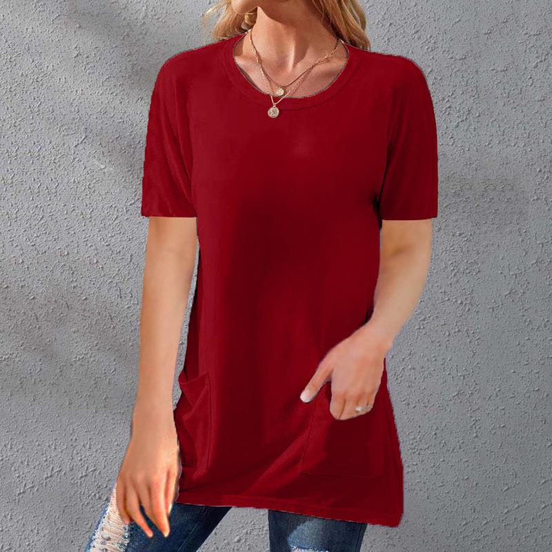 Round neck short sleeve T-shirt loose pocket mid-length top