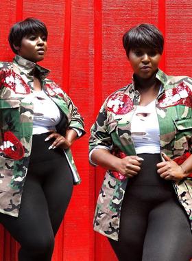 Tops Jacket Camouflage Lips Sequin Camouflage Collar Stand