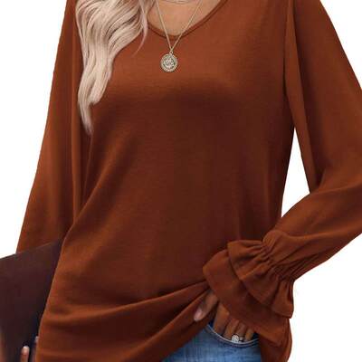 Bell sleeve long sleeve solid color T-shirt tops for