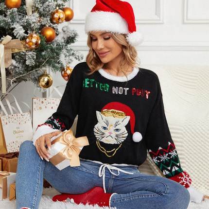 Black Cute Kitten Christmas Pullover Sweater Embroidery