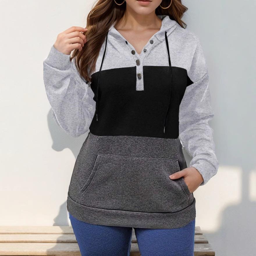 Women's contrast color stitching hooded sweatshirt