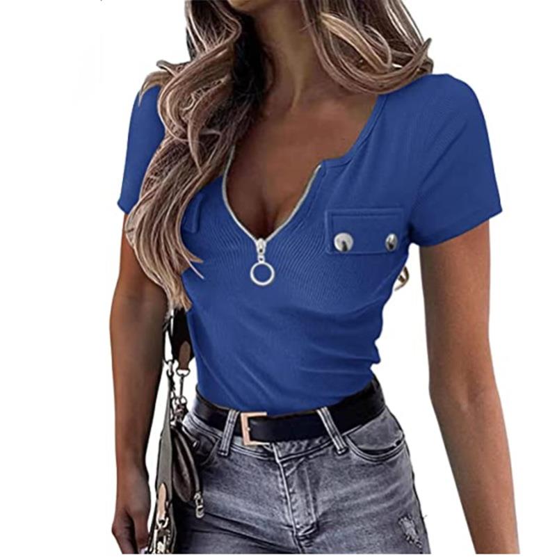 Neck T-Shirt Sexy Short Top Sleeve Shirt Knit Fit Henley