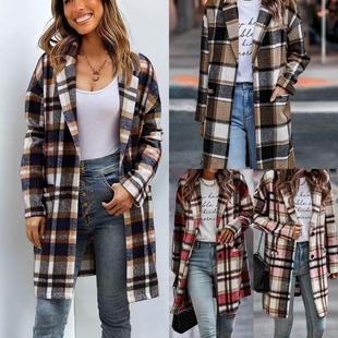 Ladies Lapel Pocket Plaid Wool Coat