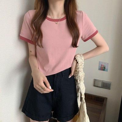 top slim T-shirt Contrast trendy neck short bottoming short